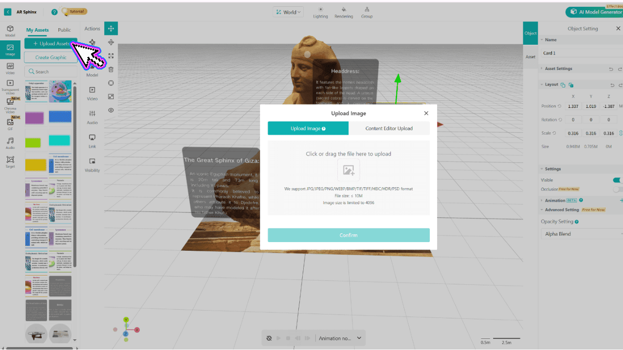 Upload your own assets or use the built-in library