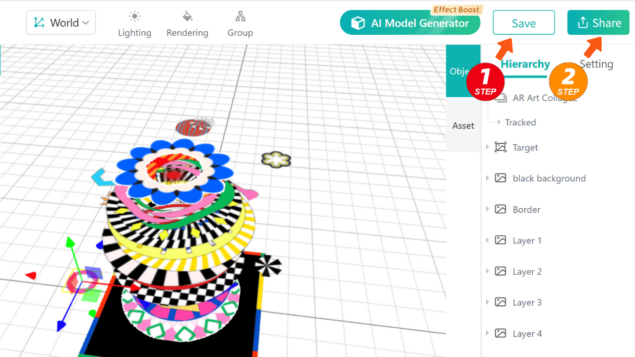 Click&nbsp;Save&nbsp;and&nbsp;Share, then try out your AR scene