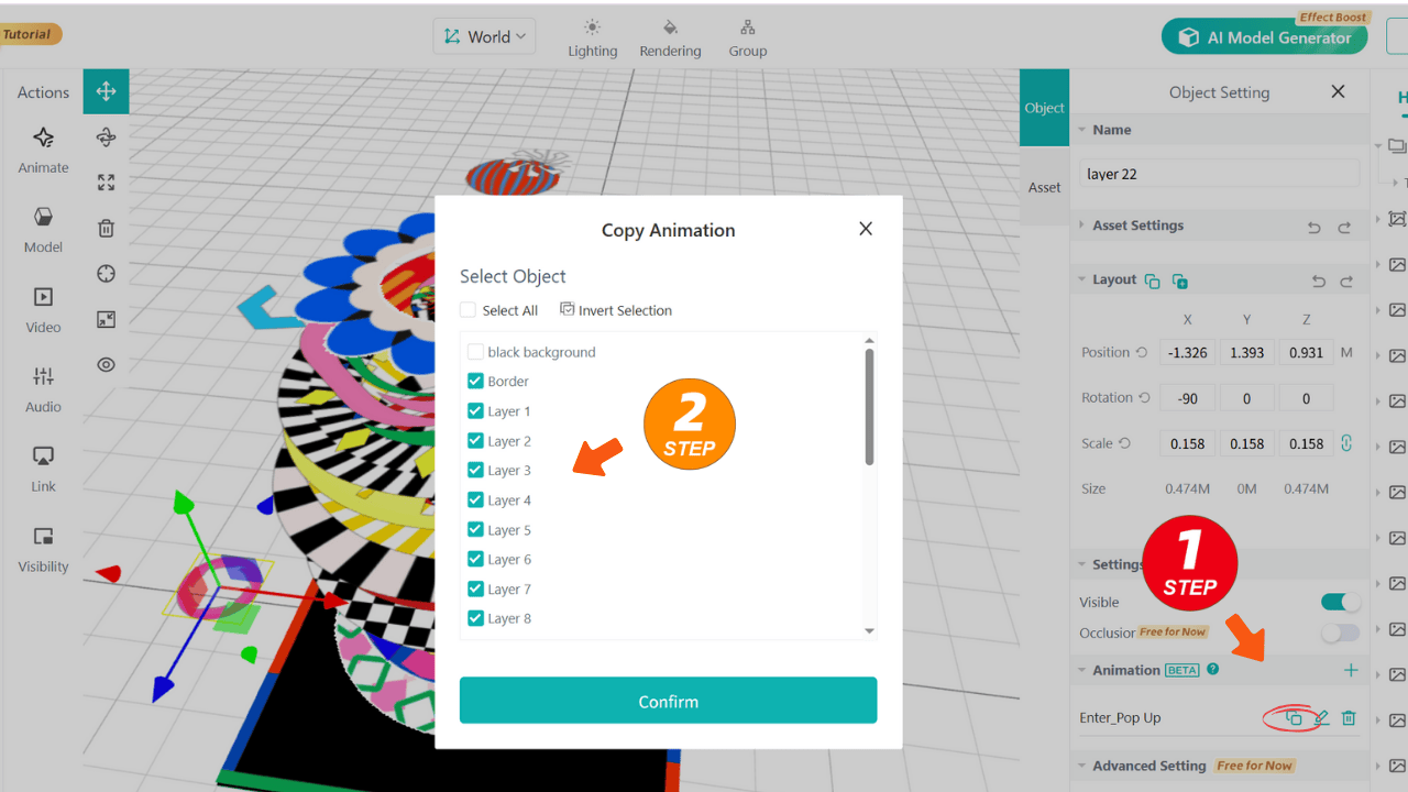 Click the “Copy” button to apply the animation to other layers
