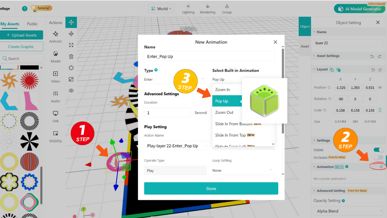 Select a layer, click the plus icon, and add a pop-up animation