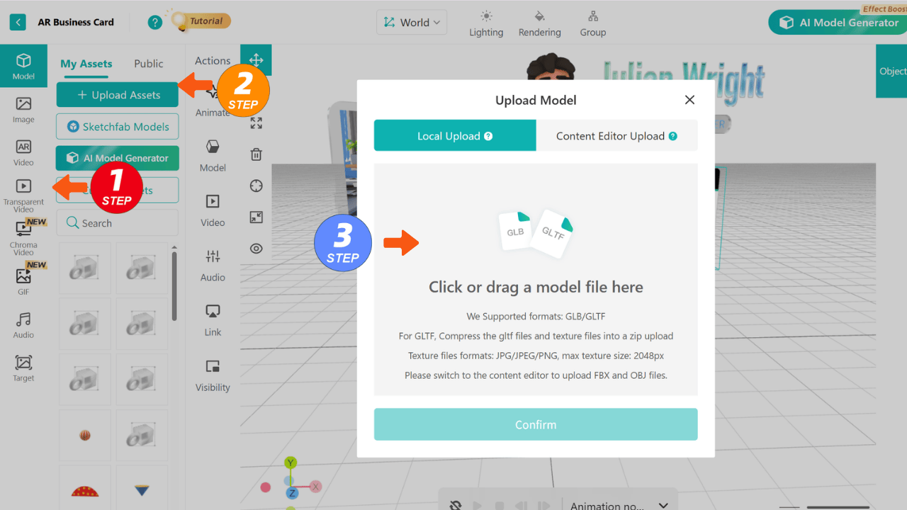 Upload your own assets and replace them into the AR scene