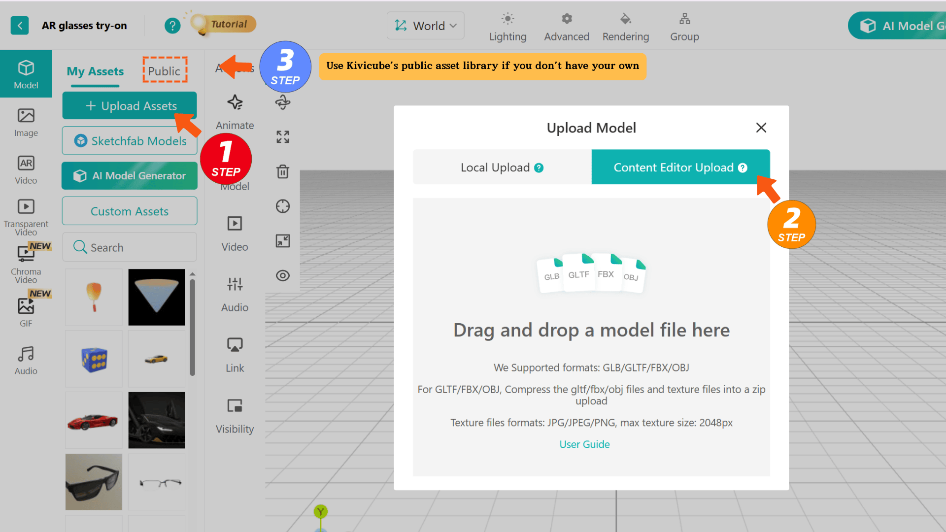 Upload your own assets in Kivicube and use the public asset library
