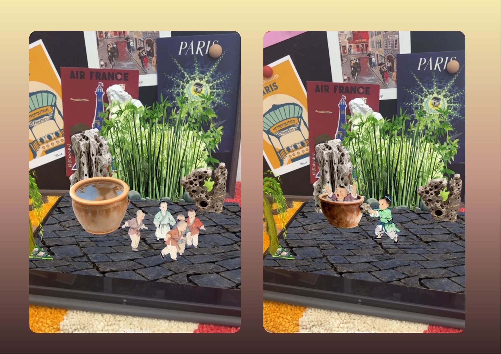 Interactive AR storytelling of "Sima Guang Smashes the Vat" — created by a Kivicube educator using Kivicube’s AI video generator and visual editor, showing two stages of the traditional Chinese story in an immersive AR scene.