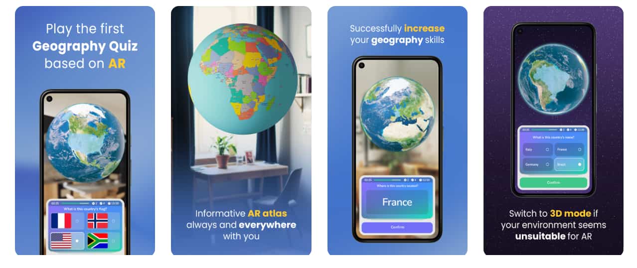 AR in education: Interactive geography assessment with 3D AR globe, demonstrating dynamic student quiz tools for classroom learning