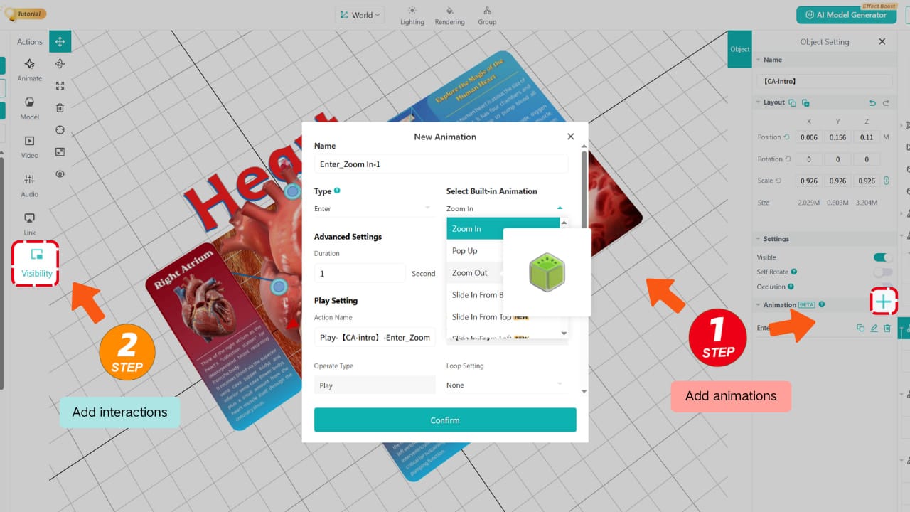 Add animations and set up click interactions for your assets no code