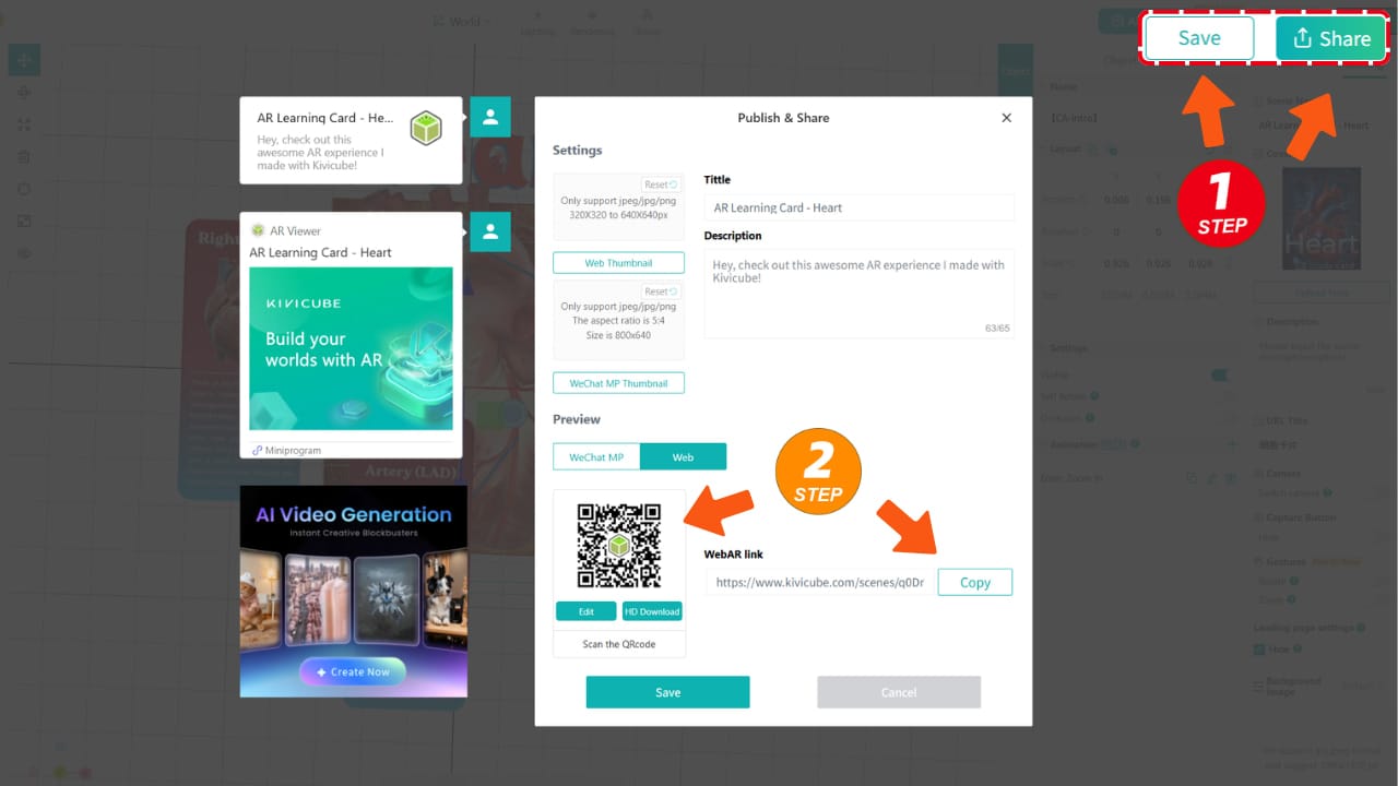 After saving, click preview to start experiencing your AR creation via QR code or URL link