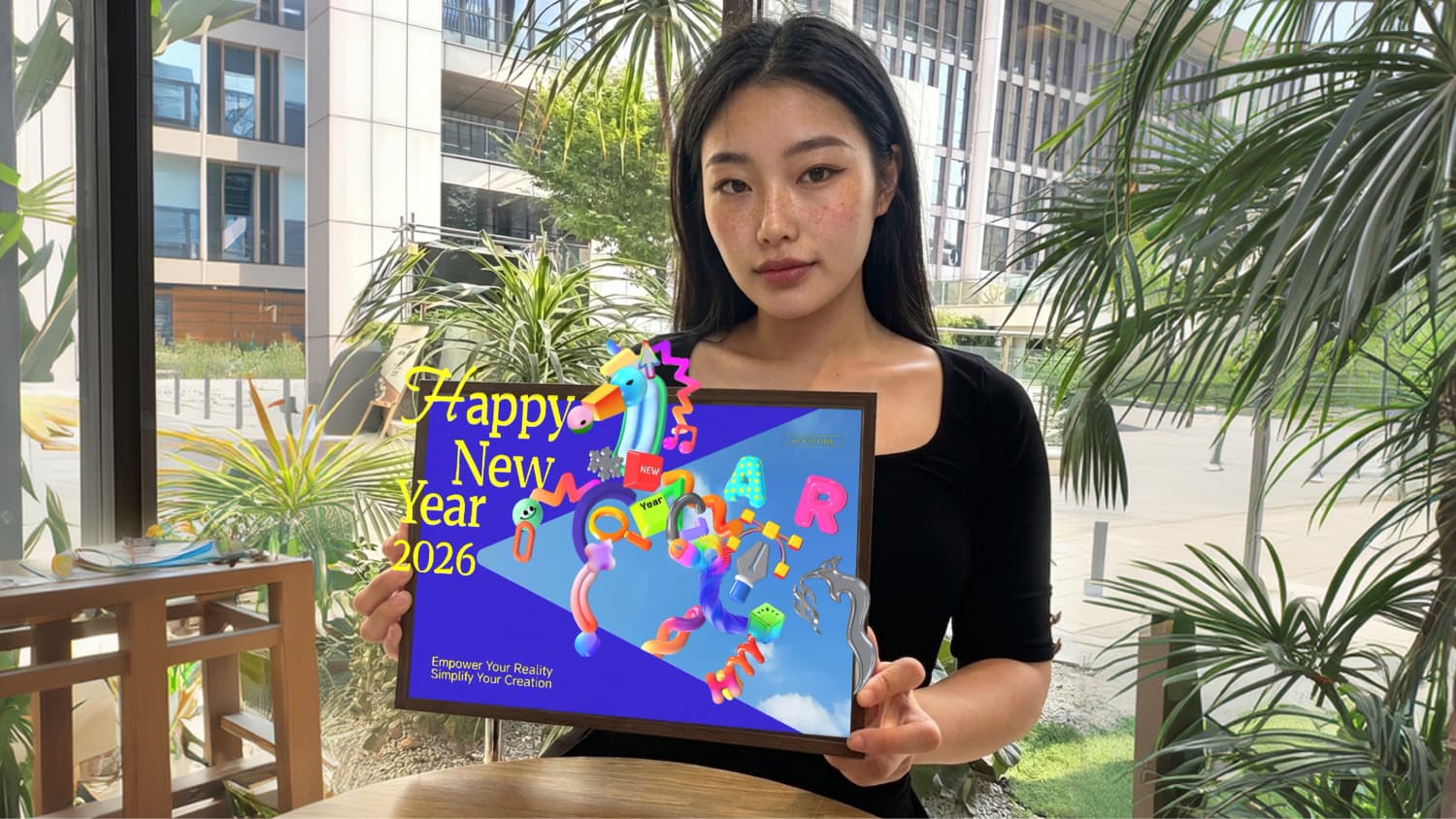 Designer Ann Lin holding her 2026 Year of the Horse augmented reality greeting card, demonstrating interactive AR art in a real-world setting.