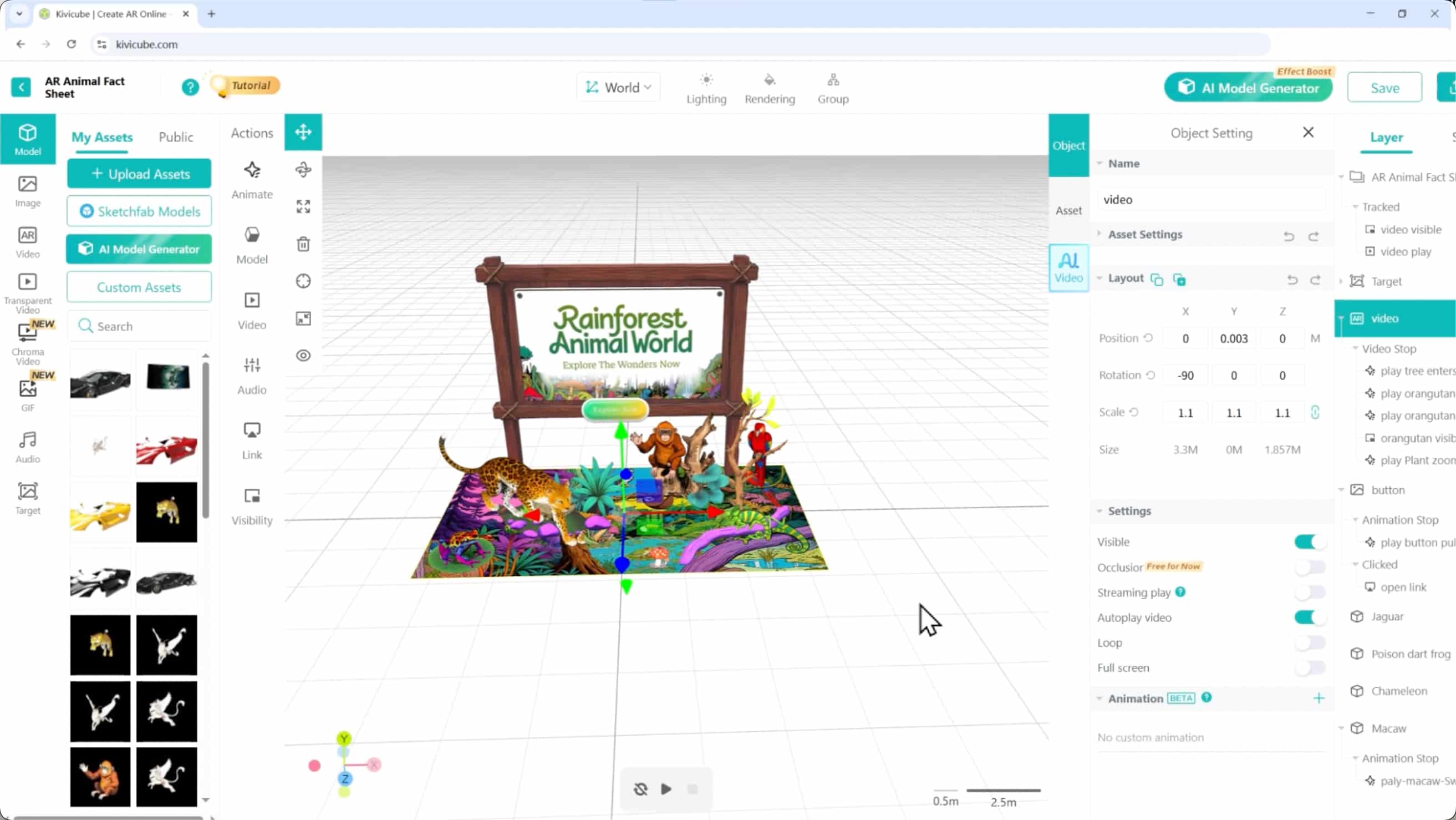 Kivicube AR editor interface, uploading and organizing assets for interactive AR book project