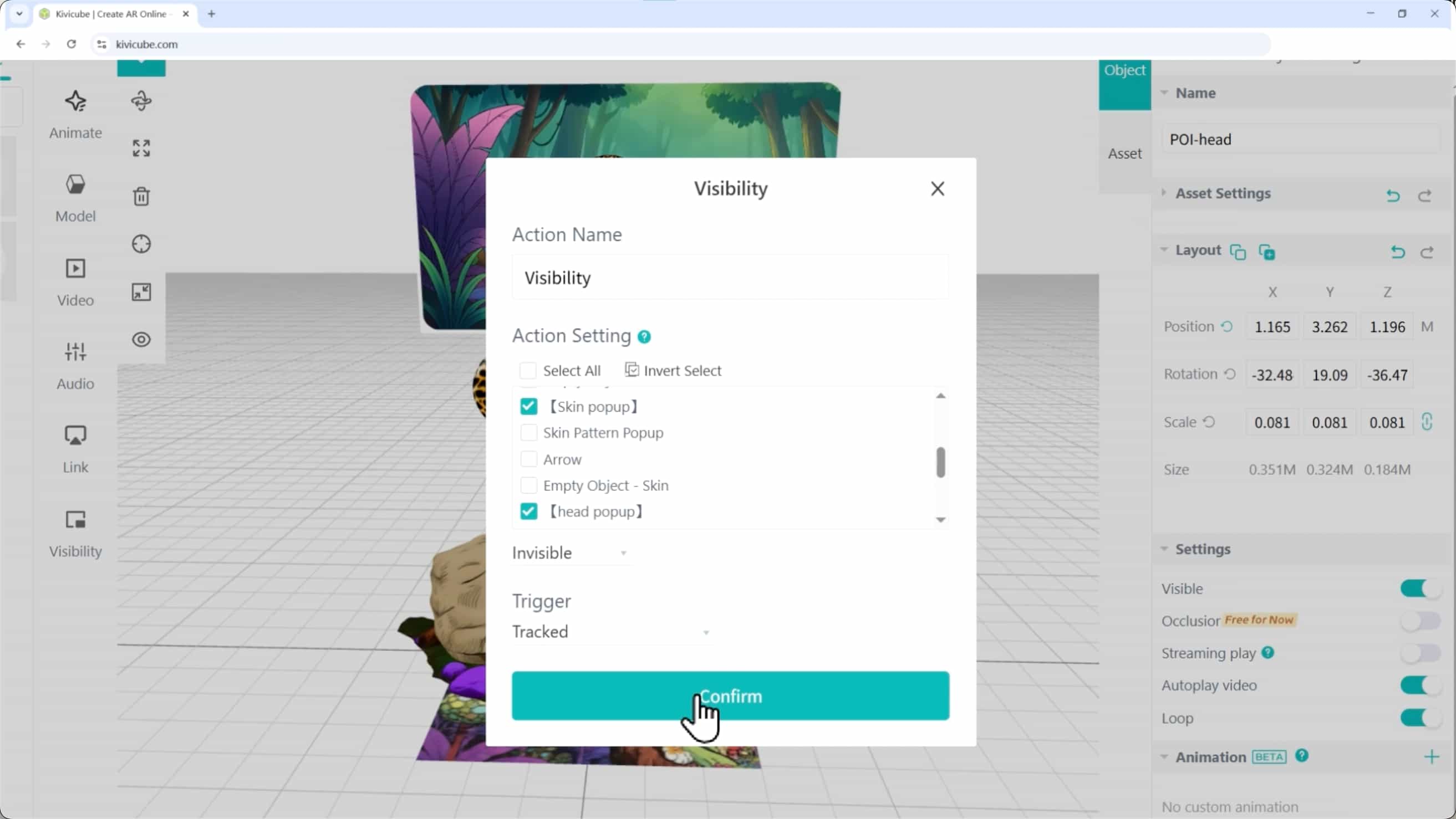 Kivicube interaction settings, adding tap triggers and visibility actions for AR book engagement