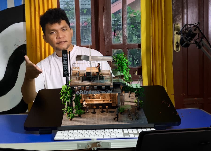 3D artist Bowski showing his Web AR environment model created with Kivicube