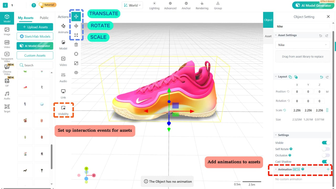 Kivicube visual editor: customizing 3D footwear model interactions for AR, with drag-and-drop tools for translation, rotation, and animation.