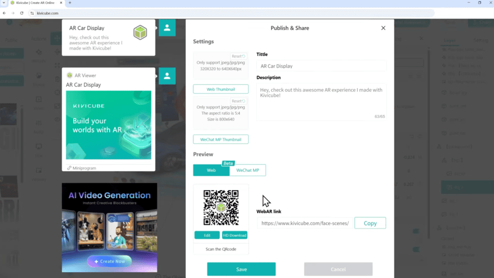 Generate and Share QRcode of the AR Car Scene