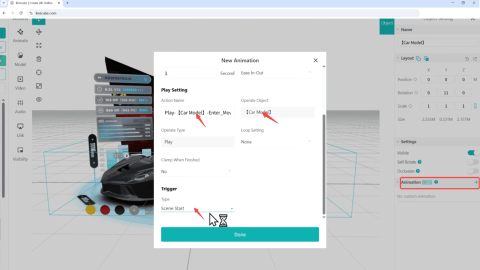 Animation Seeting in AR Car Scene