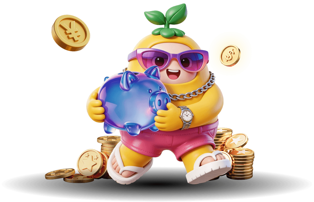 Mascote afiliado da Kivicube segurando um cofrinho